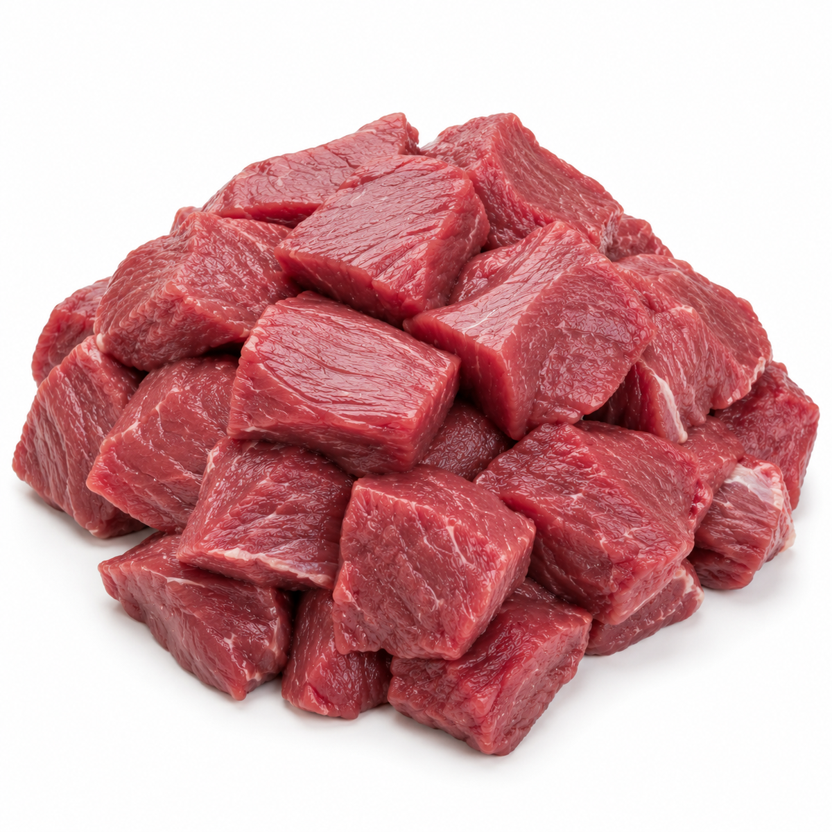 Raw beef cubes on a white background