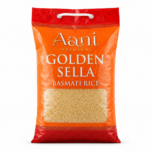 Bag of Aani Golden Sella Basmati Rice with red and orange packaging.