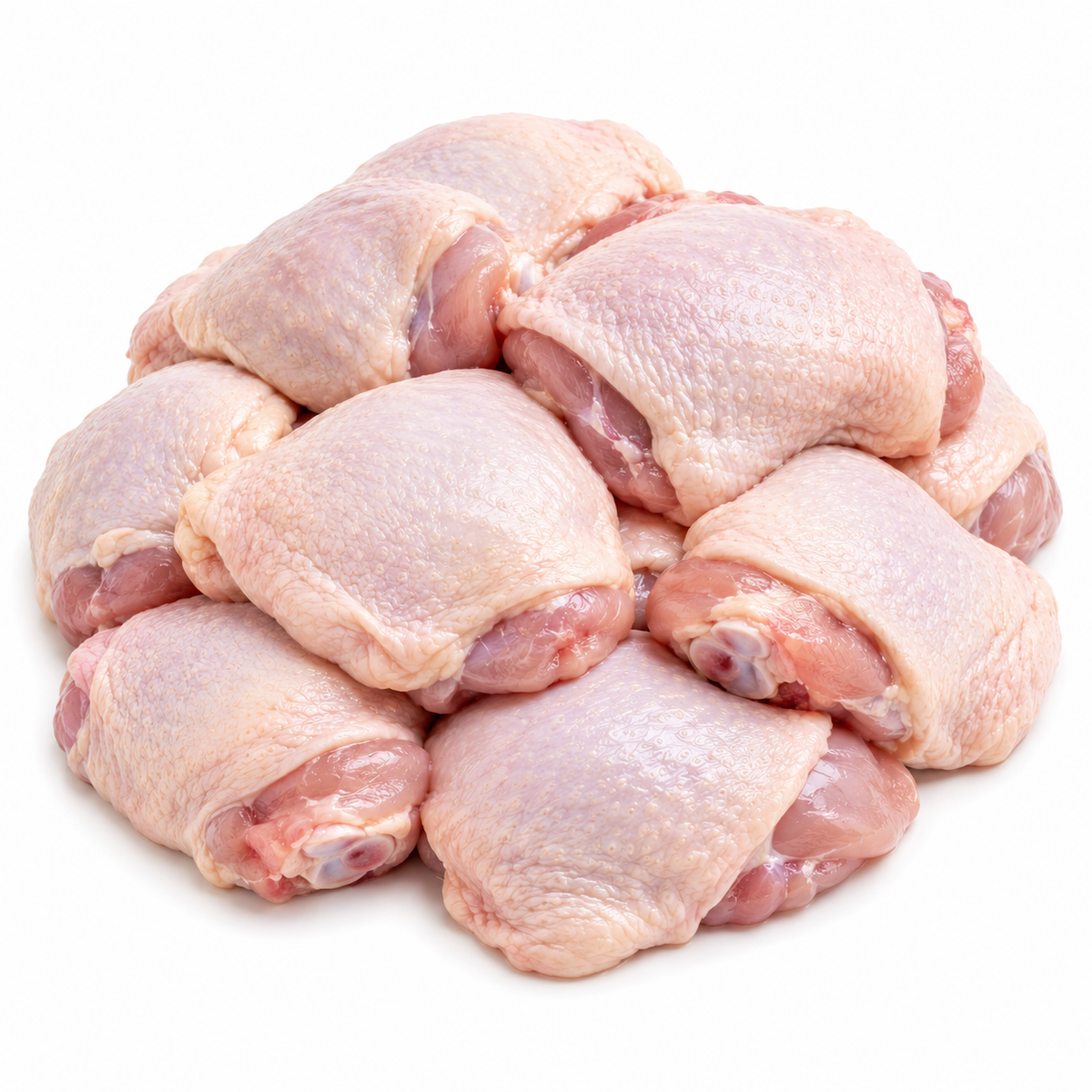 Pile of raw chicken thighs on a white background