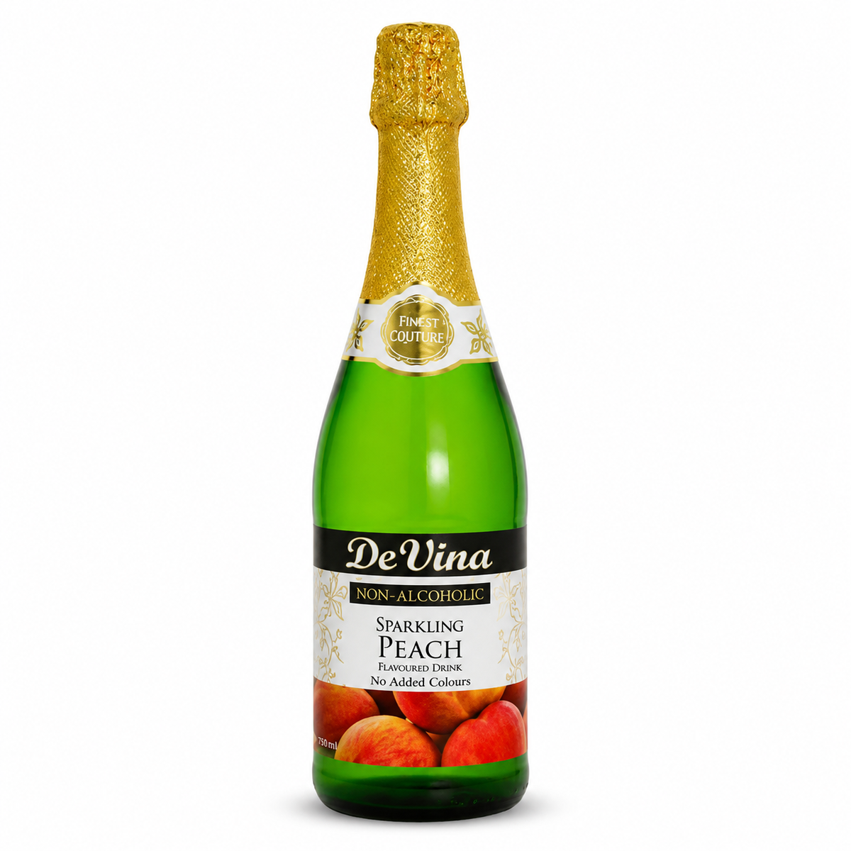Bottle of DeVina non-alcoholic sparkling peach drink on a white background