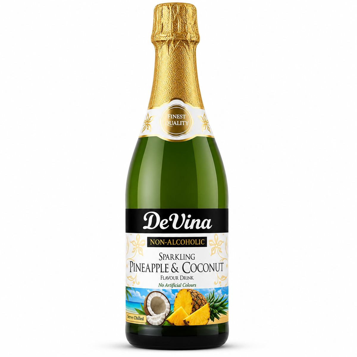 Bottle of DeVina non-alcoholic sparkling pineapple & coconut drink on a white background