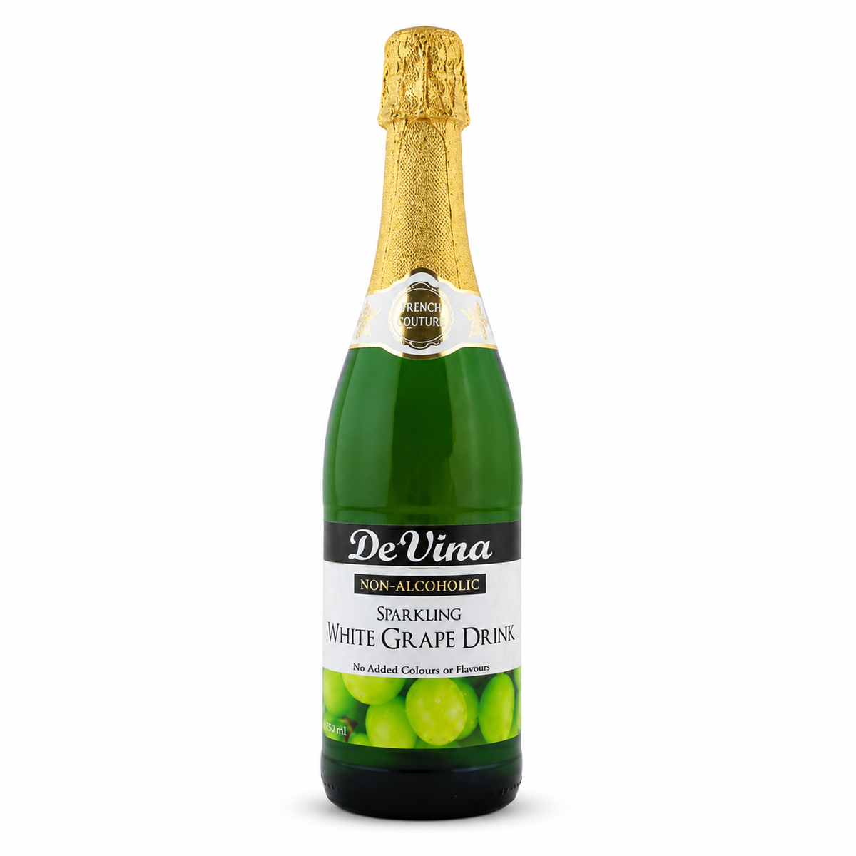 Green bottle of DeVina non-alcoholic sparkling white grape drink with gold cap on a white background