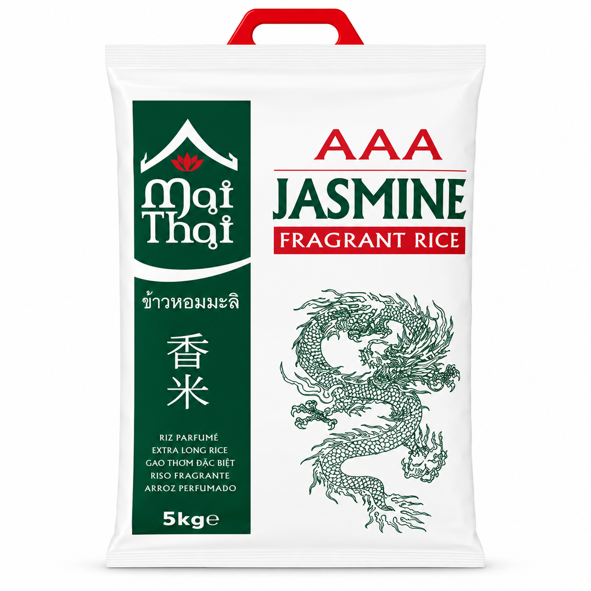 Bag of Mai Thai AAA Jasmine Fragrant Rice with dragon design on a white background