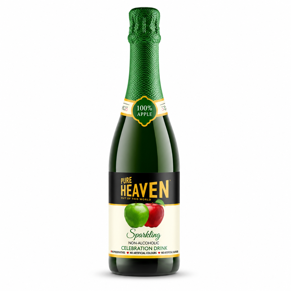 Bottle of Pure Heaven sparkling non-alcoholic celebration drink on a white background