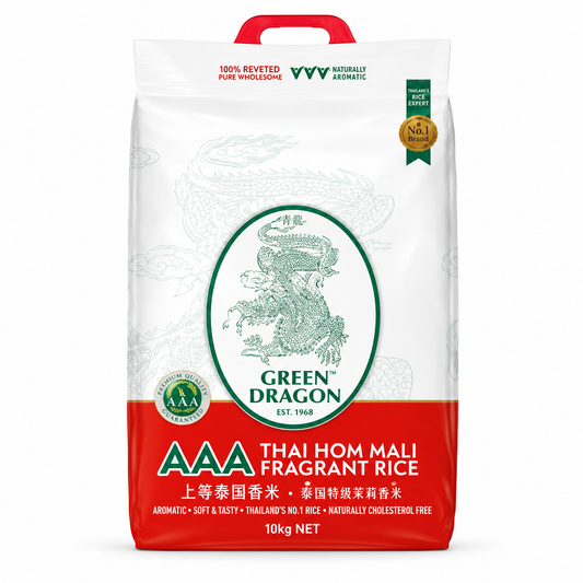 Green Dragon AAA Thai Hom Mali Fragrant Rice packaging on a white background
