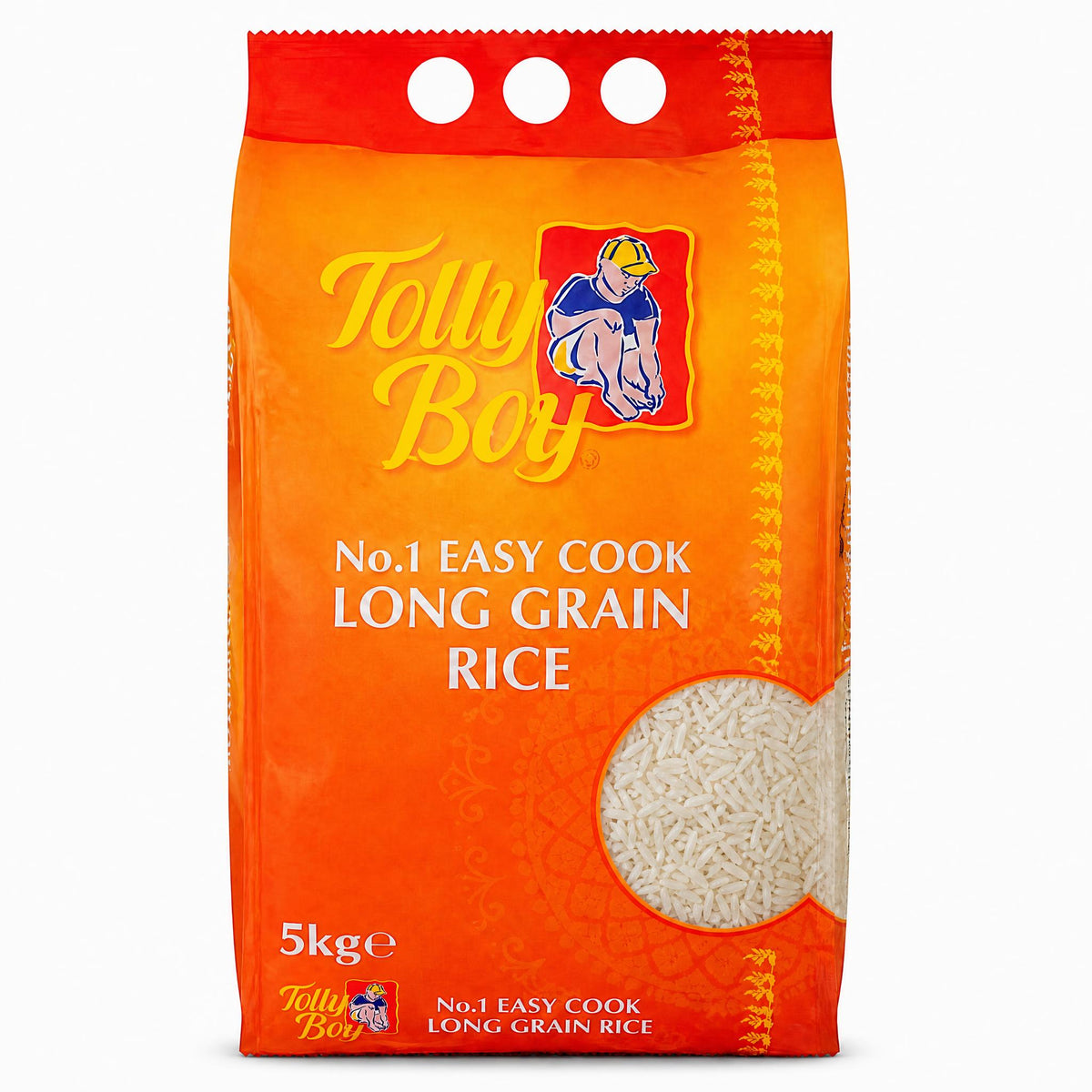 Tolly Boy long grain rice package on a white background