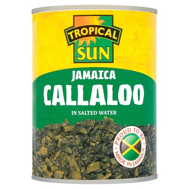 A tin can of Tropical Sun Jamaican Callaloo in salted water, with a green and yellow label.